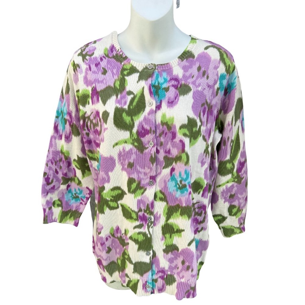 Isaac Mizrahi Long Sleeve Button Down Floral Sweater Lilac & Green/Multi Size M